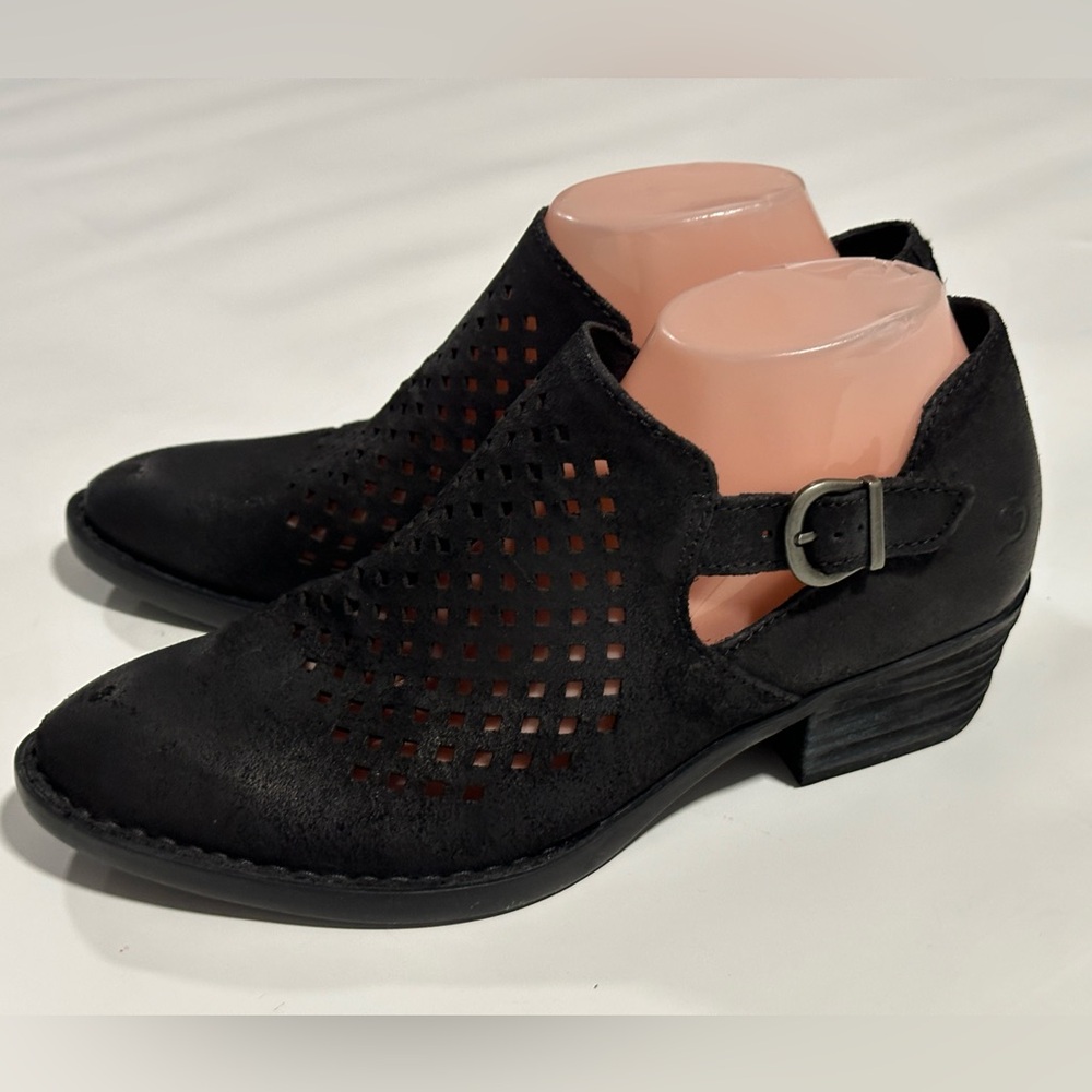 Born Womens 9M Black Suede Leather Booties Perforated Buckle Ankle Boots